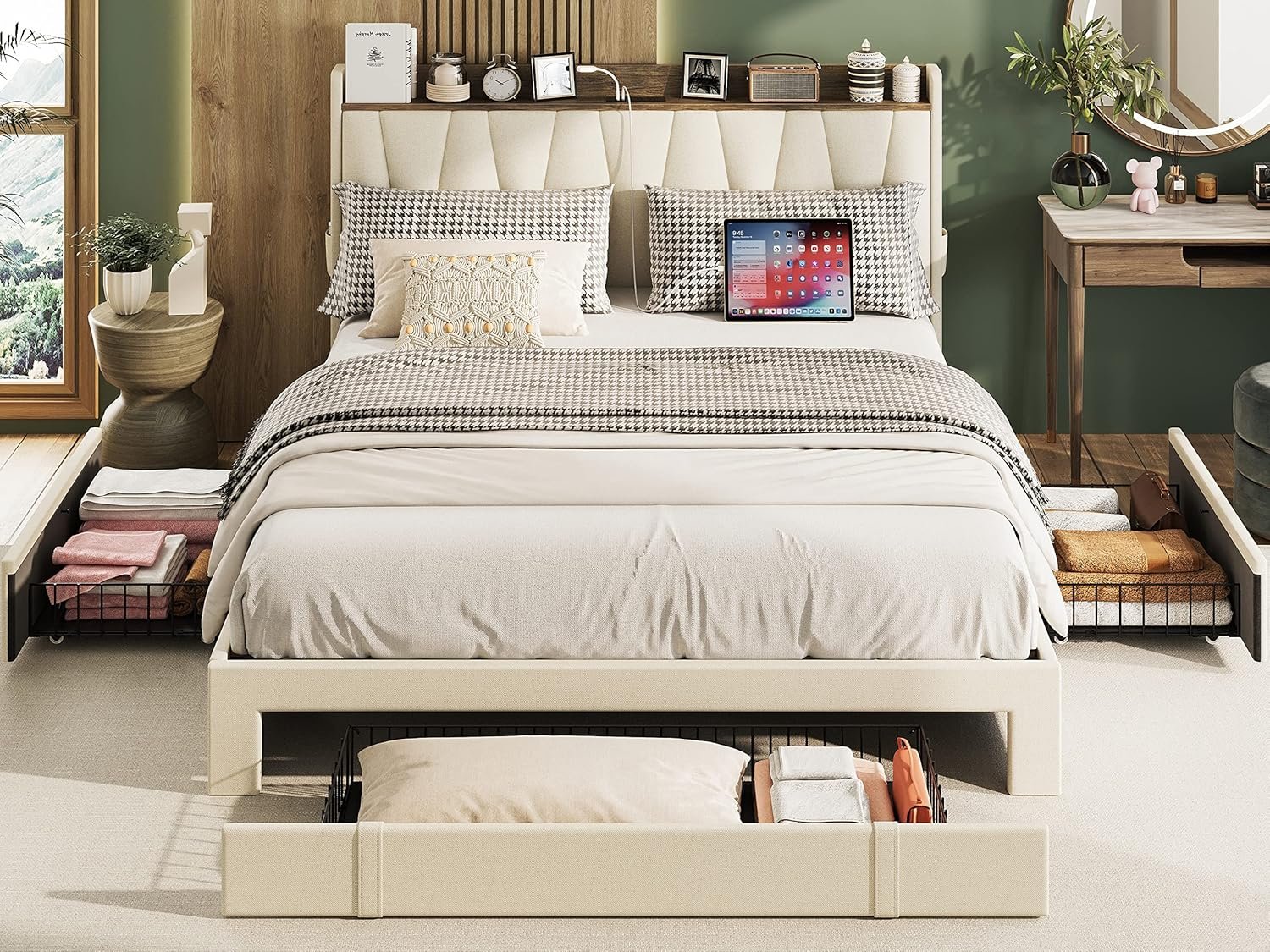 ANCTOR Queen Bed Frame with 3 Drawers, Upholstered Platform Bed with Storage Headboard and Charging Station, No Box Spring Needed, Easy Assembly, Beige 3 ANCTOR Queen Bed Frame with 3 Drawers, Upholstered Platform Bed with Storage Headboard and Charging Station, No Box Spring Needed, Easy Assembly, Beige - Image 3