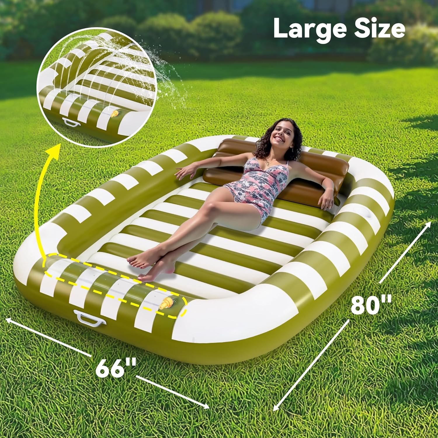 Pool Wave Inflatable Pool Lounger Floats, 80" x 66" Large Tanning Bed for Adult Kids, Outdoor Sun Bathing Floating Blow up Raft W/Pillow, Spray Water Mat, Summer Beach Lake Family Party Gift - Green 2 Pool Wave Inflatable Pool Lounger Floats, 80" x 66" Large Tanning Bed for Adult Kids, Outdoor Sun Bathing Floating Blow up Raft W/Pillow, Spray Water Mat, Summer Beach Lake Family Party Gift - Green - Image 2