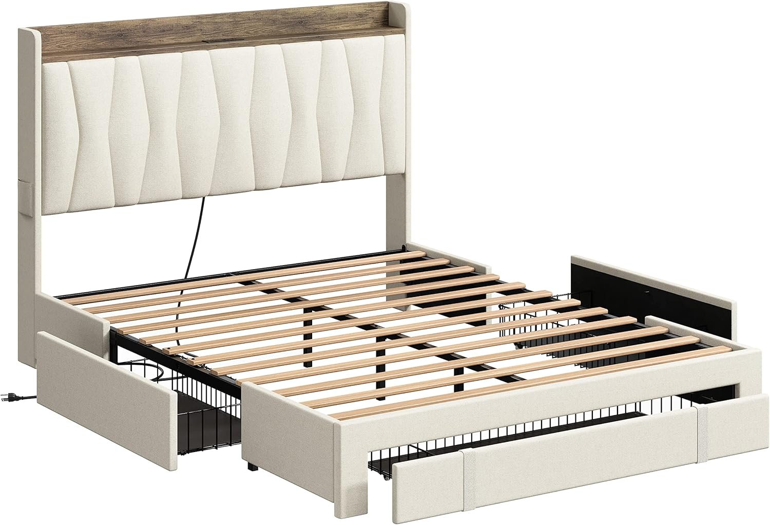 ANCTOR Queen Bed Frame with 3 Drawers, Upholstered Platform Bed with Storage Headboard and Charging Station, No Box Spring Needed, Easy Assembly, Beige 9 ANCTOR Queen Bed Frame with 3 Drawers, Upholstered Platform Bed with Storage Headboard and Charging Station, No Box Spring Needed, Easy Assembly, Beige - Image 9