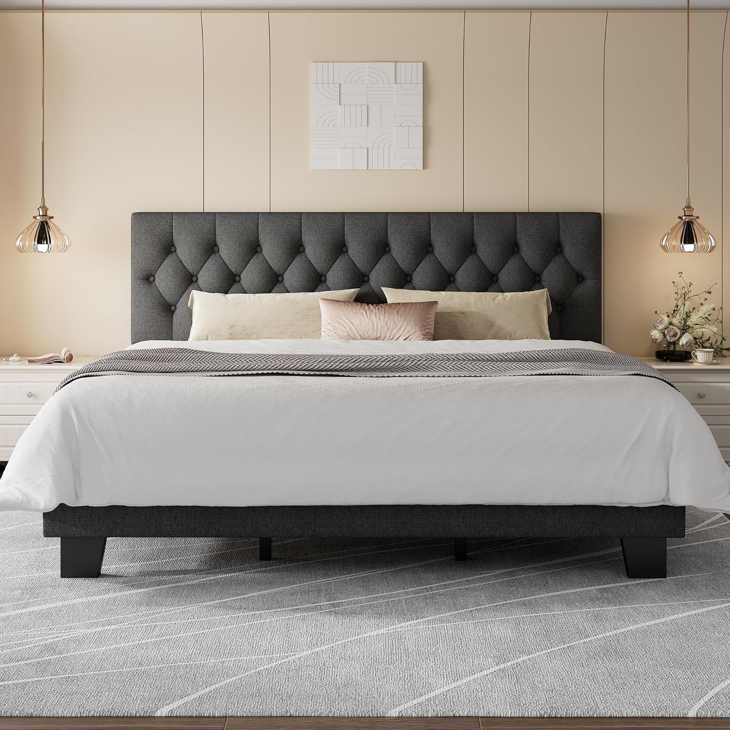 Feonase King Size Platform Bed Frame, Upholstered Bed with Button Tufted Headboard, Sturdy Wooden Slats & Heavy Duty Feet, No Box Spring Needed, Noise-Free, Easy Assembly, Dark Grey