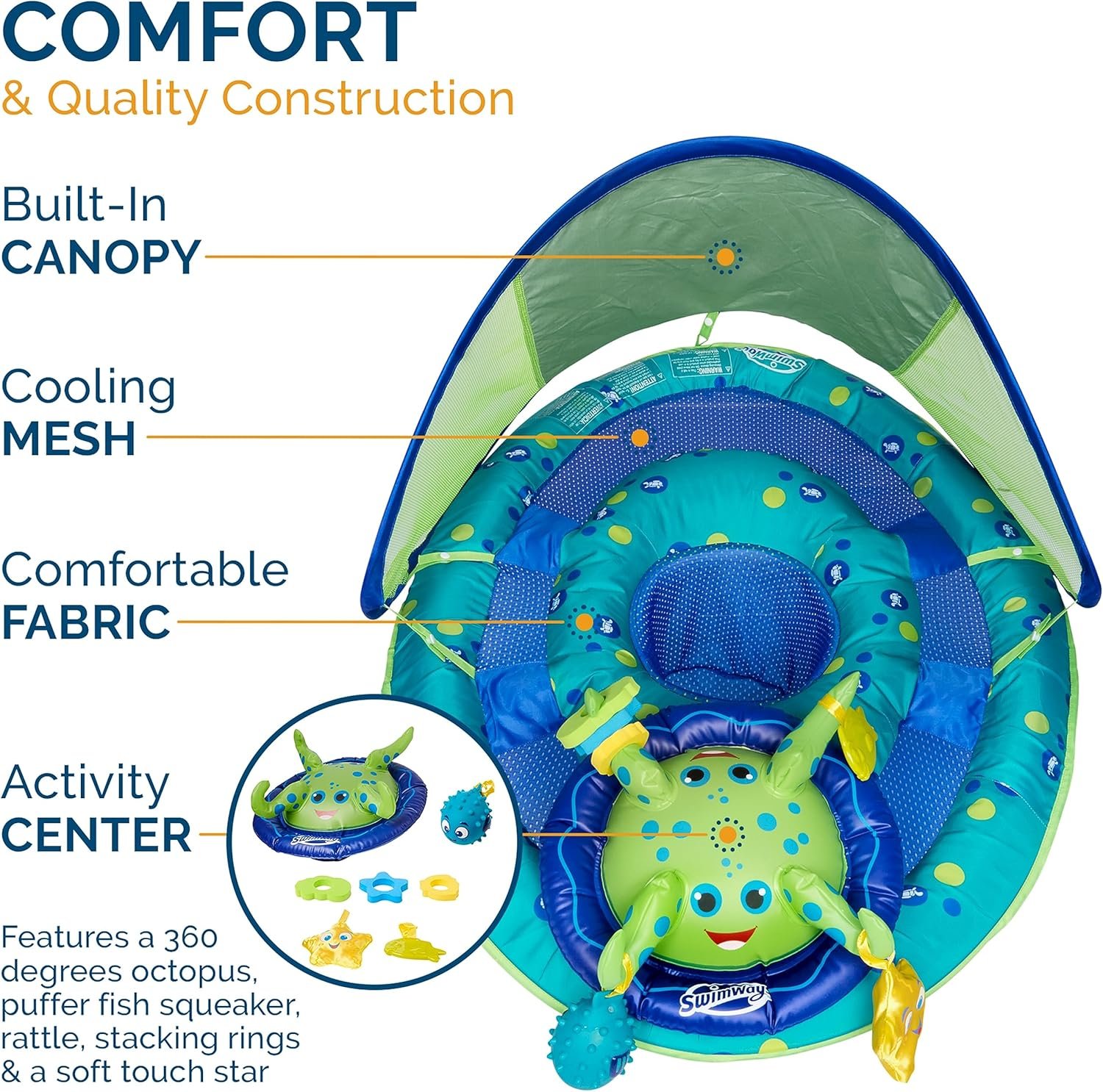 SwimWays Baby Spring Float Activity Center, Baby Pool Float with Canopy & UPF Protection, Pool Toys & Swimming Pool Accessories for Kids 9-24 Months, Green Octopus 5 SwimWays Baby Spring Float Activity Center, Baby Pool Float with Canopy & UPF Protection, Pool Toys & Swimming Pool Accessories for Kids 9-24 Months, Green Octopus - Image 5