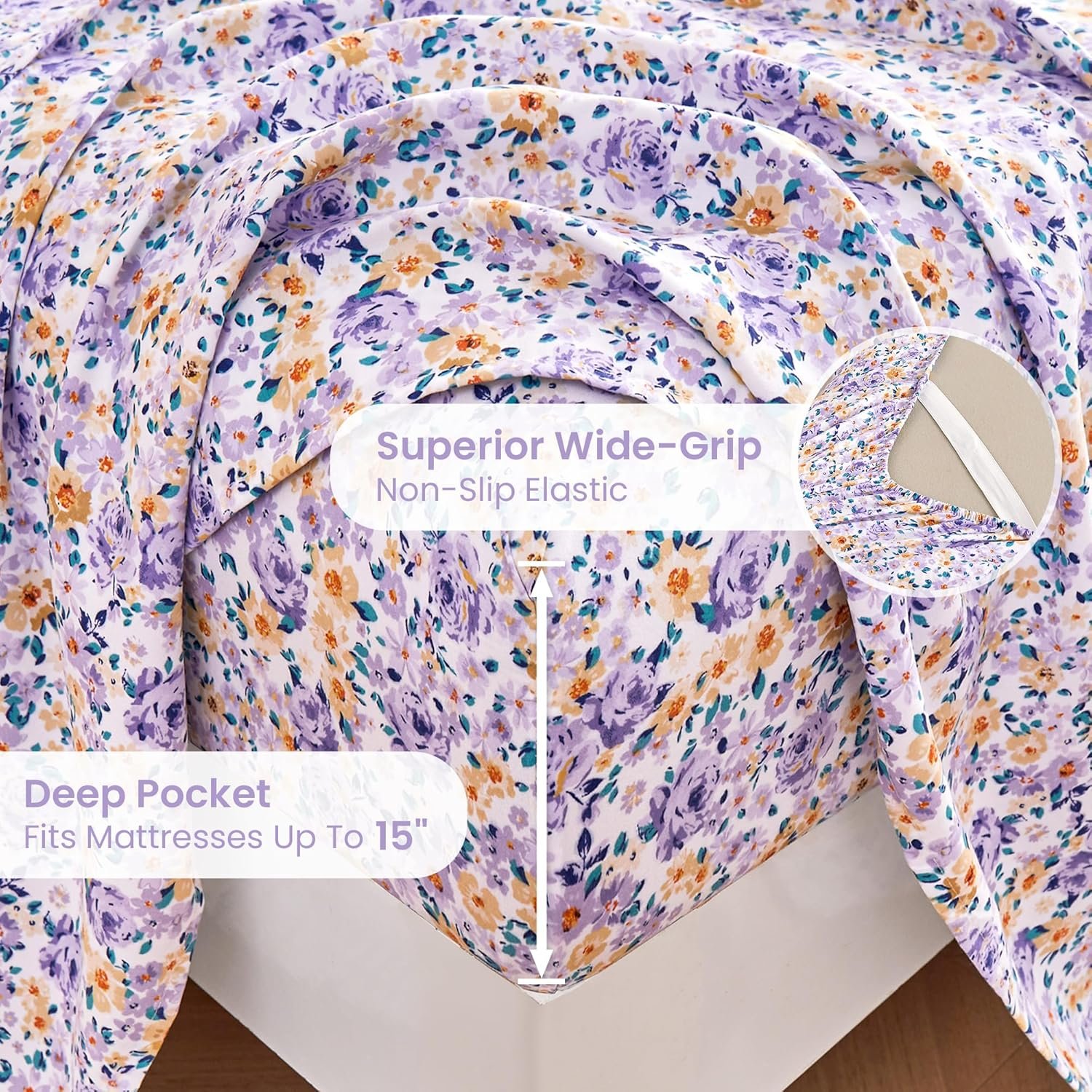 Mooreeke Floral Queen Bed Sheets, Soft Microfiber Printed Bedding Sheets & Pillowcases, Deep Pocket Non-Slip Vintage Queen Sheet, Purple Yellow Flower Pattern Bedsheets 3 Mooreeke Floral Queen Bed Sheets, Soft Microfiber Printed Bedding Sheets & Pillowcases, Deep Pocket Non-Slip Vintage Queen Sheet, Purple Yellow Flower Pattern Bedsheets - Image 3