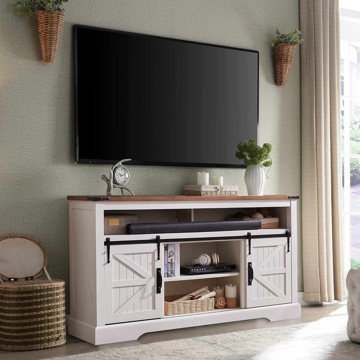 OKD Farmhouse TV Stand for 65+ Inch TV, 33" Tall Highboy Entertainment Center w/Sliding Barn Door, Rustic Media Console w/Storage Shelves, Wood Television Stand for Living Room, Antique White 5 OKD Farmhouse TV Stand for 65+ Inch TV, 33" Tall Highboy Entertainment Center w/Sliding Barn Door, Rustic Media Console w/Storage Shelves, Wood Television Stand for Living Room, Antique White - Image 5