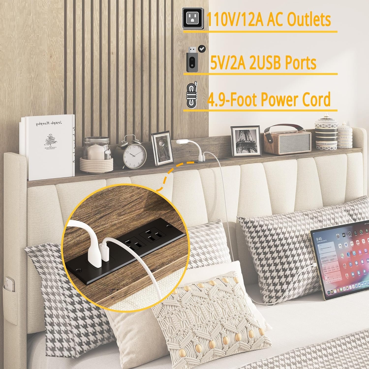 ANCTOR Queen Bed Frame with 3 Drawers, Upholstered Platform Bed with Storage Headboard and Charging Station, No Box Spring Needed, Easy Assembly, Beige 4 ANCTOR Queen Bed Frame with 3 Drawers, Upholstered Platform Bed with Storage Headboard and Charging Station, No Box Spring Needed, Easy Assembly, Beige - Image 4