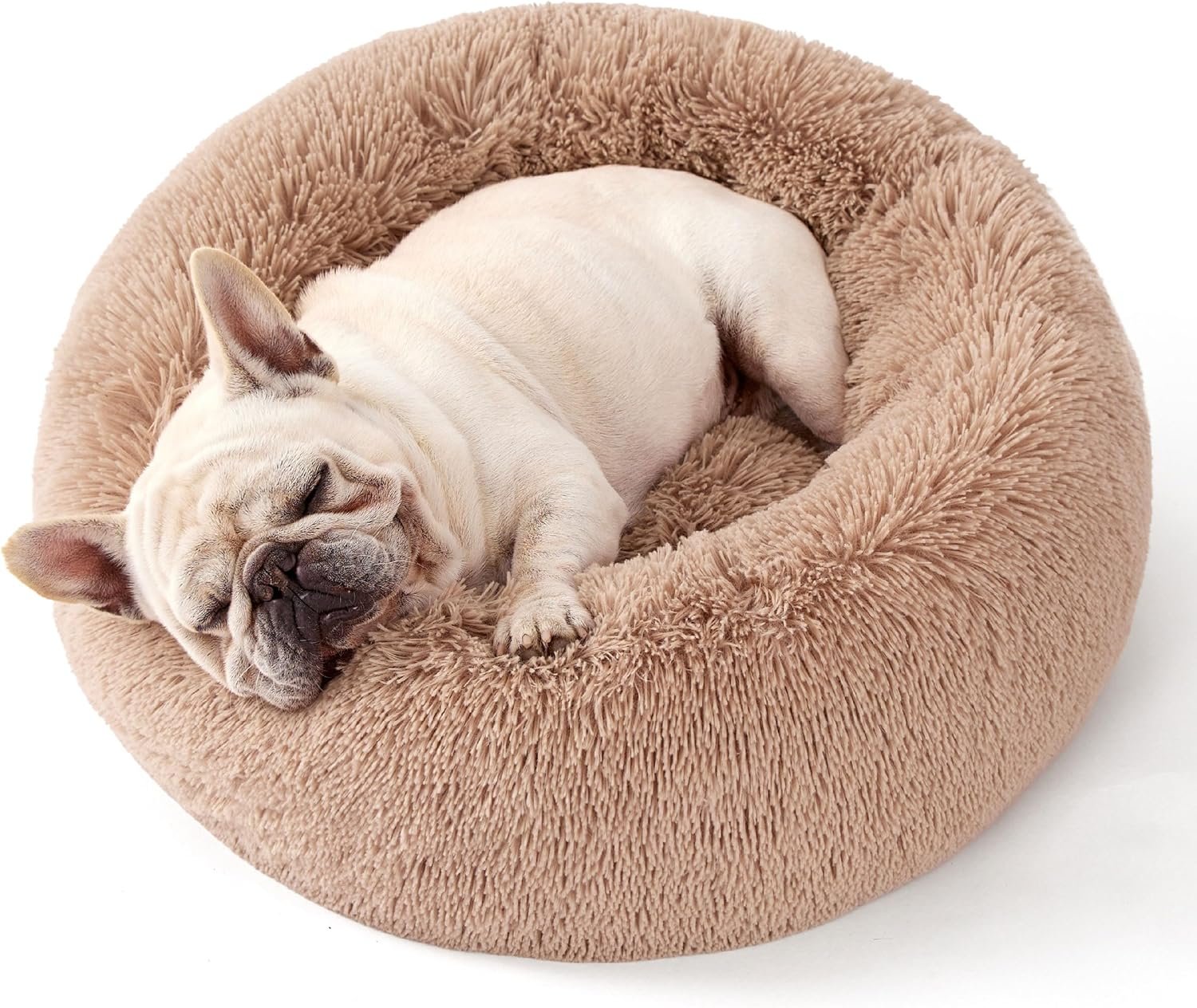 Bedsure Calming Dog Bed for Medium Large Dogs - Donut Washable Large Pet Bed, 33 inches Anti-Slip Round Fluffy Plush Faux Fur Dog Bed, Camel