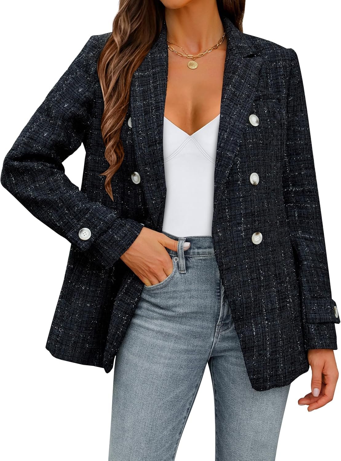 Angashion Womens Tweed Blazer Jackets: Fashion Casual Open Front Elegant Houndstooth Plaid Jacket Coat with Pockets