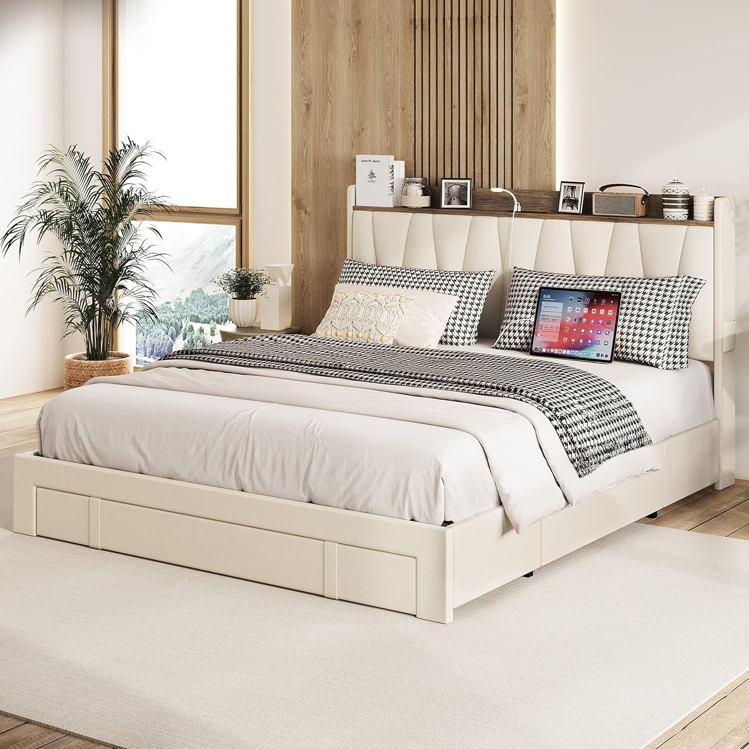 ANCTOR Queen Bed Frame with 3 Drawers, Upholstered Platform Bed with Storage Headboard and Charging Station, No Box Spring Needed, Easy Assembly, Beige 8 ANCTOR Queen Bed Frame with 3 Drawers, Upholstered Platform Bed with Storage Headboard and Charging Station, No Box Spring Needed, Easy Assembly, Beige - Image 8