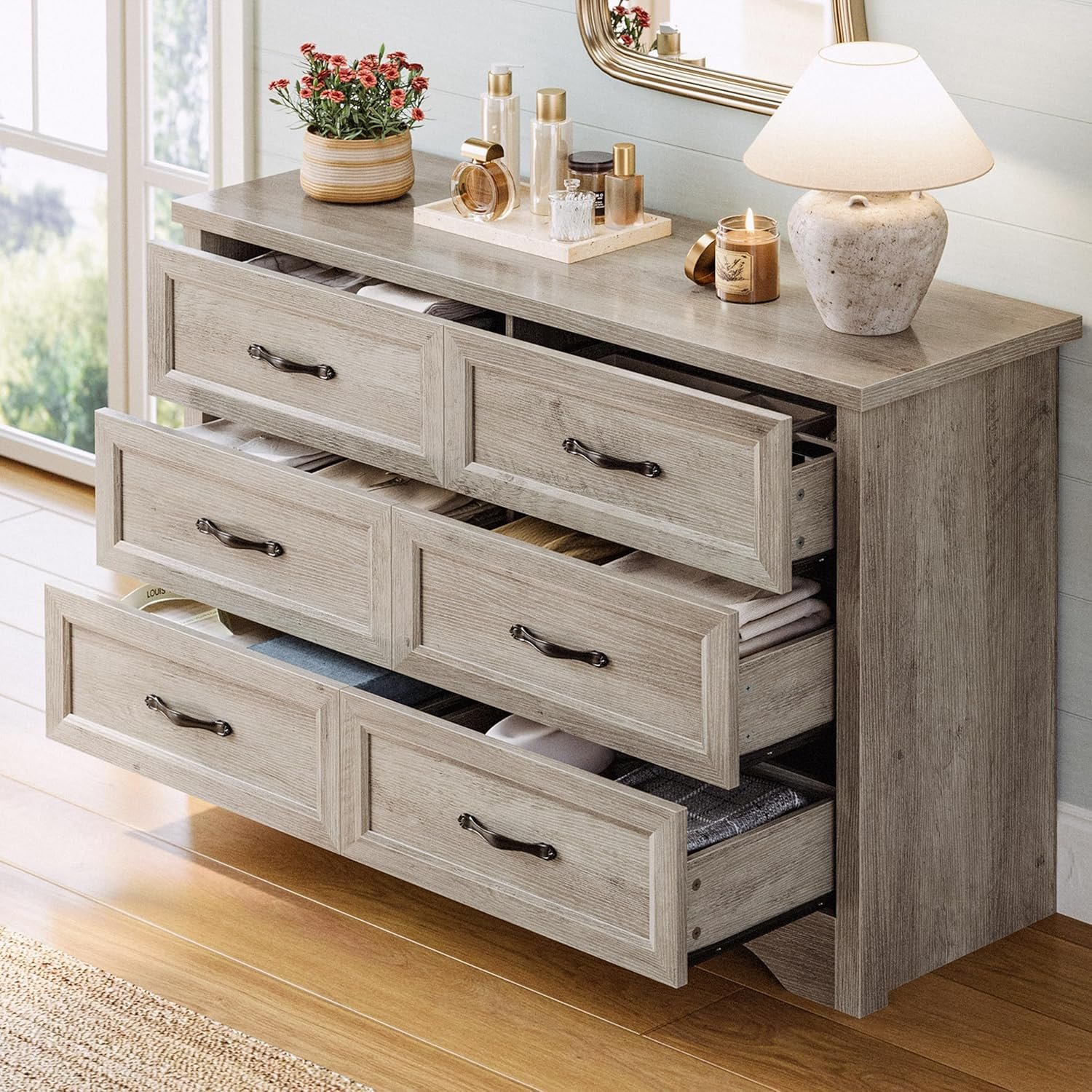LIKIMIO Dresser for Bedroom, Modern 6 Drawer Double Dresser for Bedroom with Black Handle, Wide Wood Dressers & Chests of Drawers, 6 Drawer Dressers for Hallway, Gray 6 LIKIMIO Dresser for Bedroom, Modern 6 Drawer Double Dresser for Bedroom with Black Handle, Wide Wood Dressers & Chests of Drawers, 6 Drawer Dressers for Hallway, Gray - Image 6