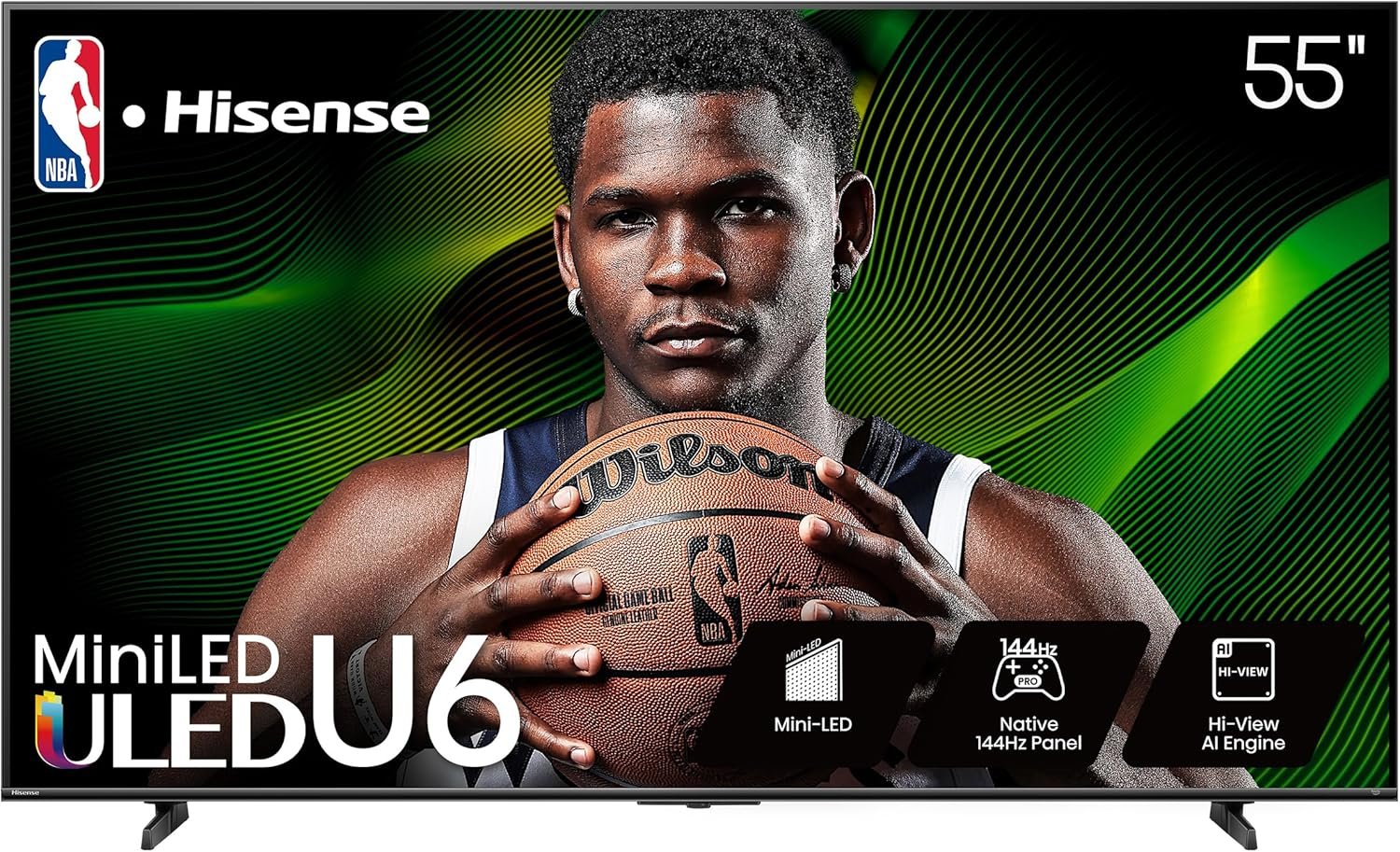 Hisense 55" Class U6 Series Mini-LED 4K UHD Smart Fire TV (55U65QF, 2025 Model) - QLED, Native 144Hz, HDR10+, Dolby Vision IQ, Dolby Atmos, Game Mode Pro, ALLM, Alexa Built in, Black