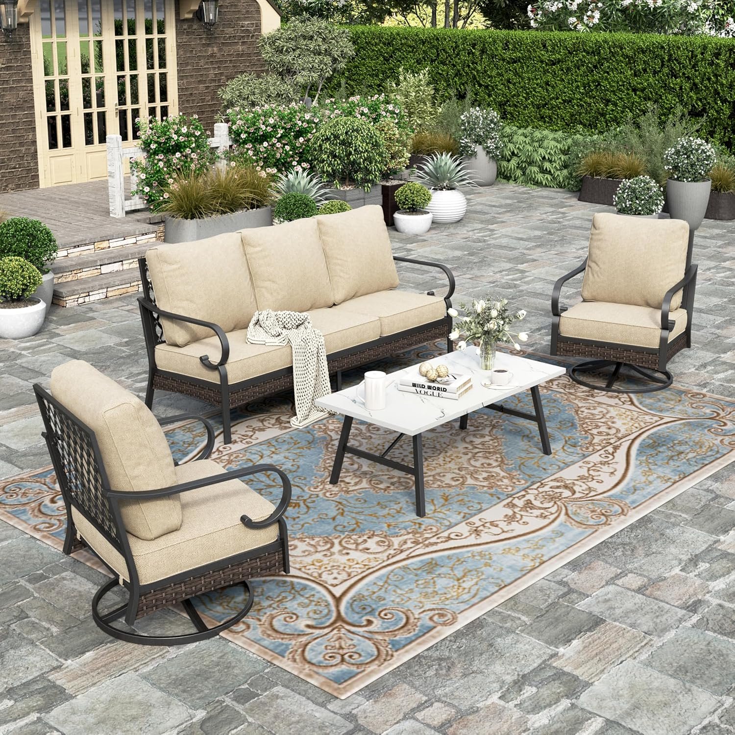 HERA'S HOUSE 4 Piece Patio Furniture Set, 2 x Swivel Cushioned Chair, 1 x 3-Seat Sofa with Coffee Table, All Weather Patio Conversation Set for Lawn Garden Backyard Deck, Beige