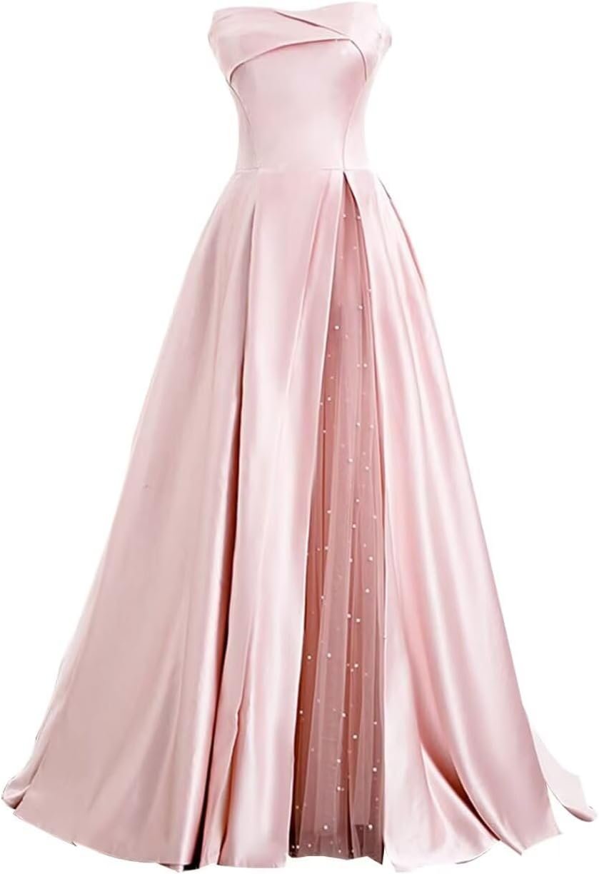 ZSWWYibo Strapless Princess Ball Gowns Pearl Satin Ball Gowns Evening Party Dresses