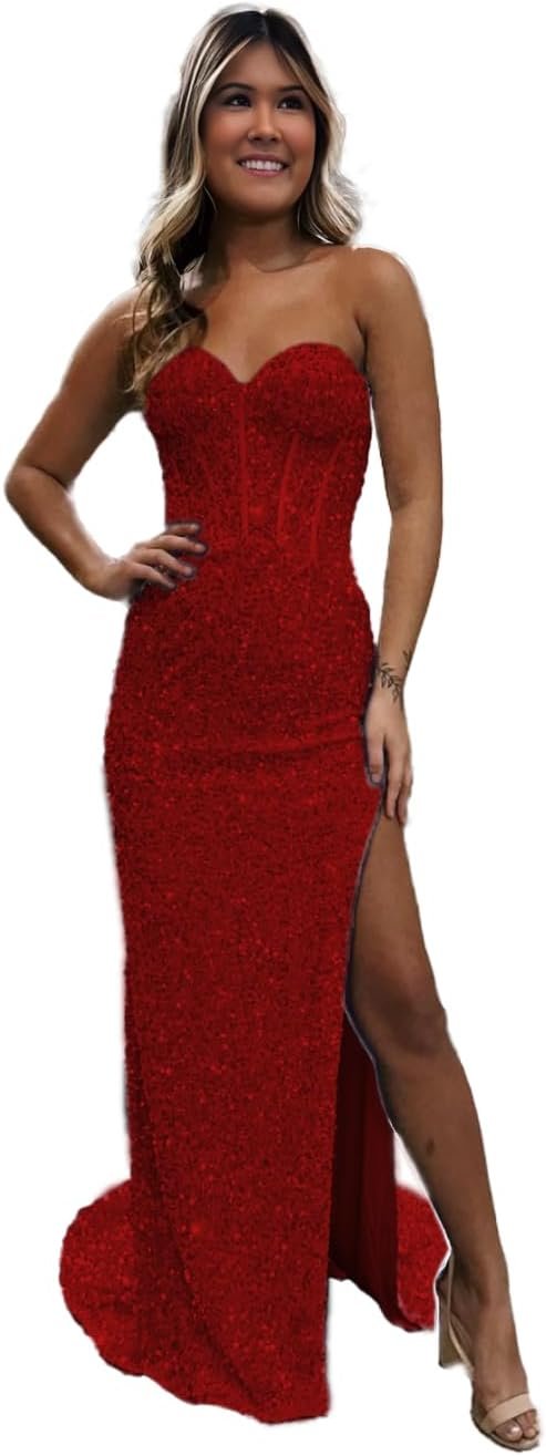 Mermaid Strapless Sequin Prom Dresses for Women 2025 Luxury Sparkly Corset Long Formal Evening Dress with Slit