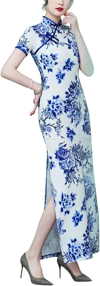 Women's Cheongsam Luxury Satin Manarin Collar Slim Fit High Slit Chinese Qipao Dress Evening Party Formal Wear