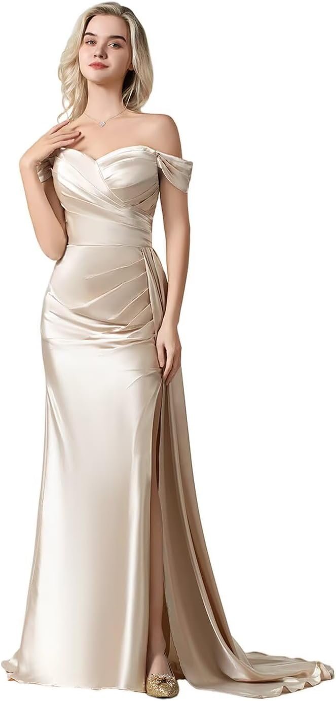 Women's Off Shoulder Mermaid Satin Bridesmaid Dresses Sweetheart Ruched Formal Prom Dress with High Slit