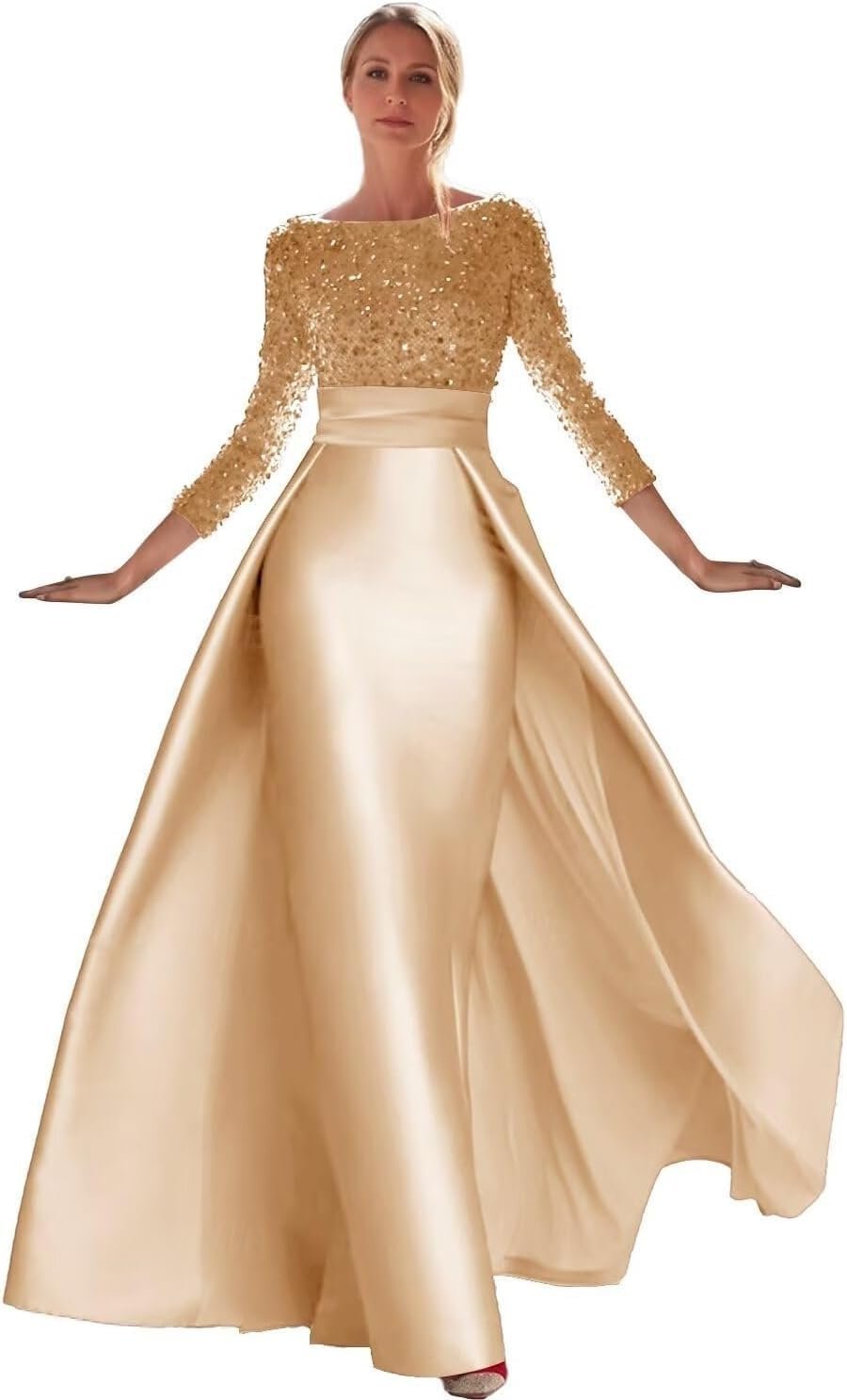 Sequin Satin Prom Dress Long Sleeve Ball Gowns Boat Neck Mermaid Formal Evening Gown for Women with Skirt