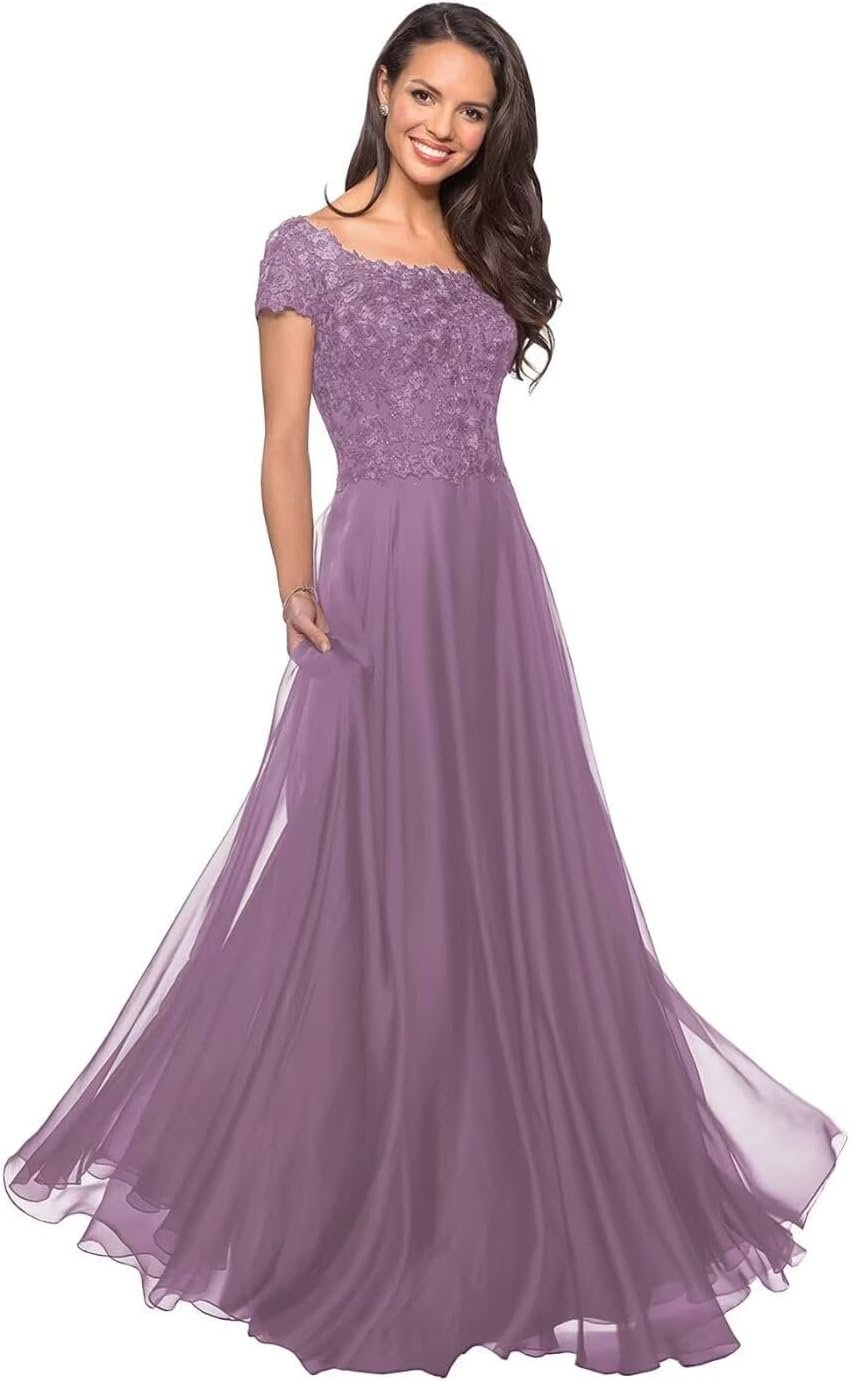 Short Sleeves Mother of The Bride Dresses for Wedding Guests Laces Appliques Chiffon Formal Evening Party Gowns