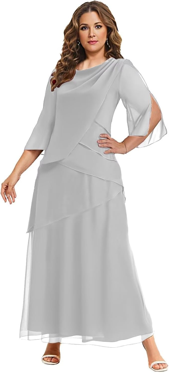 BANTRATIC Women's Mother of The Bride Dresses for Wedding Ankle Length Chiffon Crew Neck Tiered Formal Prom Cocktail Gown