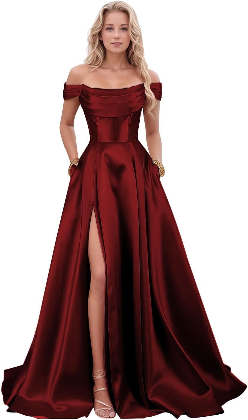 Women's Satin Prom Dresses with Slit Strapless A Line Corset Ball Gowns Off Shoulder Formal Evening Gowns with Pockets