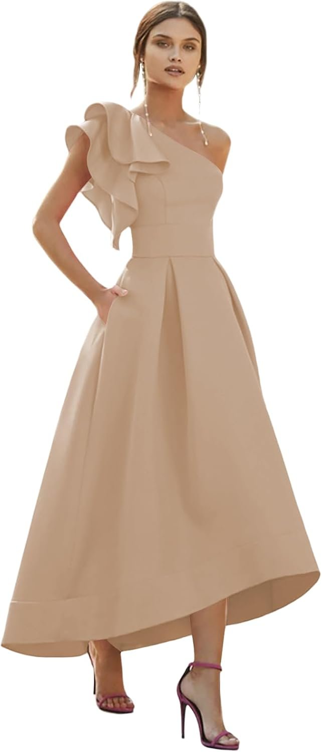 Women's One Shoulder Prom Dress for Teens Ruffle A Line Satin Homecoming Cocktail Dresses for Women with Pockets