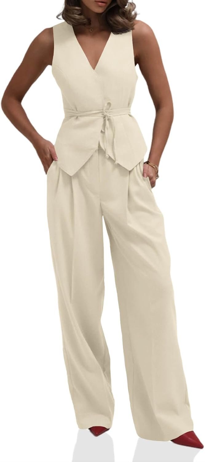 Cicy Bell Womens 2 Piece Outfits V Neck Tie Waist Blazer Vest and Wide Leg Business Casual Suit Pants Sets