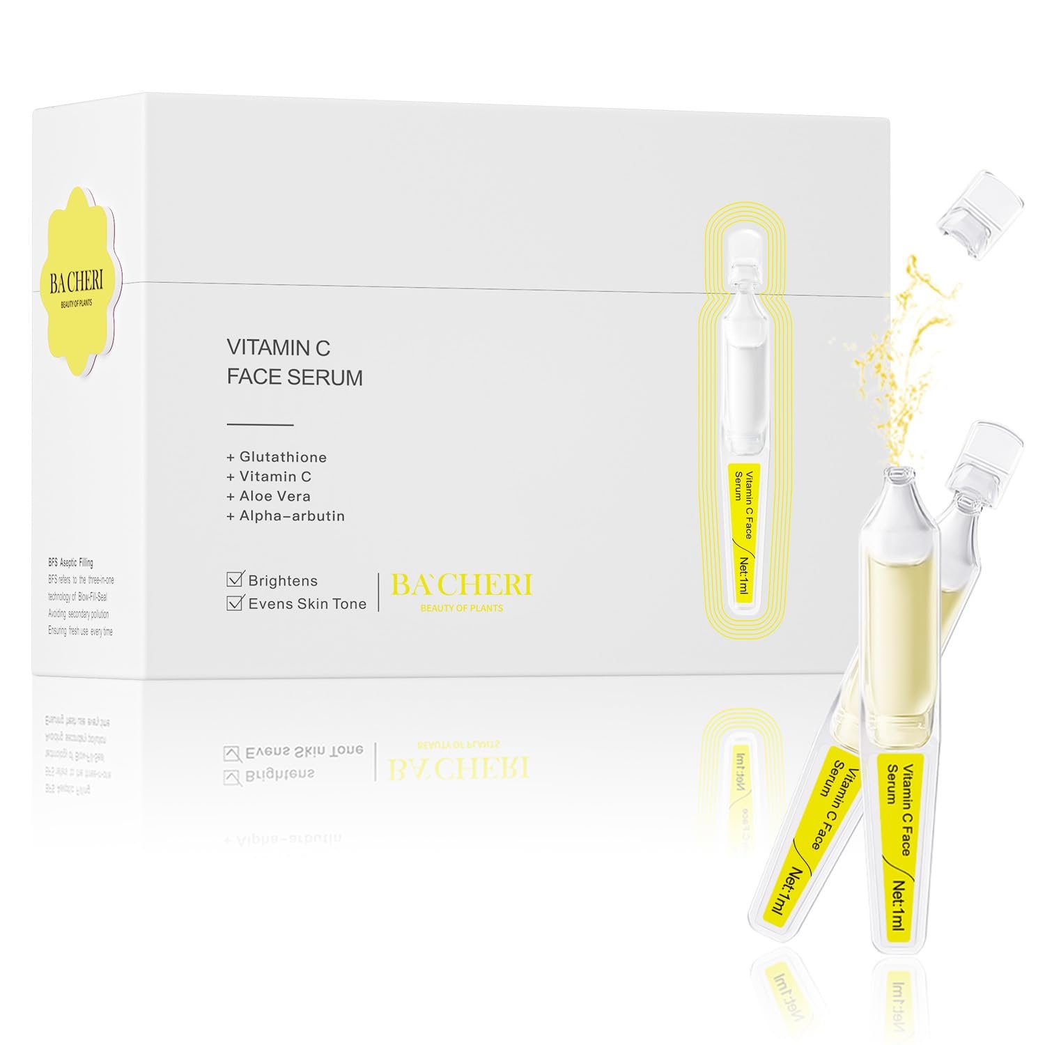 Vitamin C Face Serum with Glutathione, 4D Hyaluronic Acid, Organic Aloe Vera, Travel Size Ampoule, Brightening and Hydrating Serum, Dark Spot Remover, 30 Ampoules (1ml each)