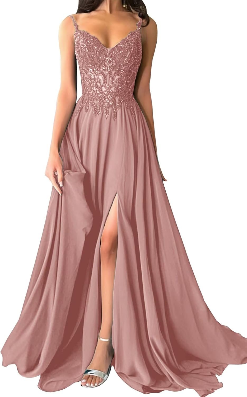 Womens Sparkly Lace Appliques Chiffon Prom Dresses V-Neck Spaghetti Straps Formal Dress Long Ball Gowns with Slit