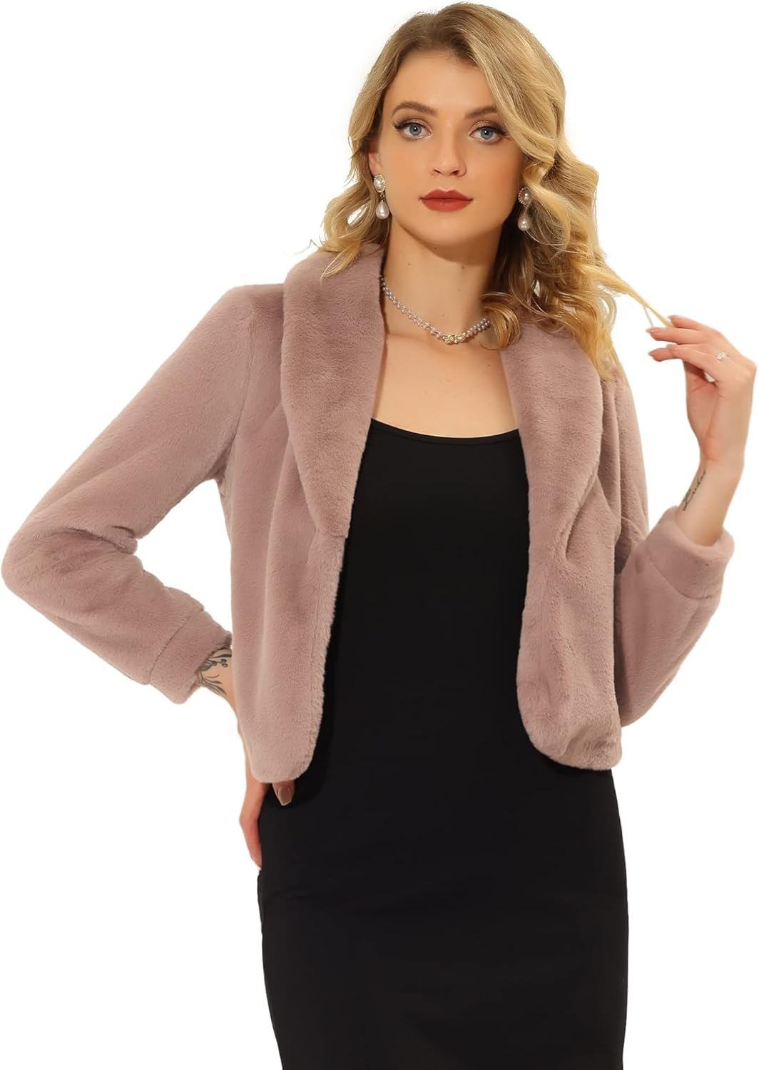 Allegra K Women's 2025 Fasion Winter Cropped Jacket Lapel Long Sleeve Faux Fur Fluffy Coat