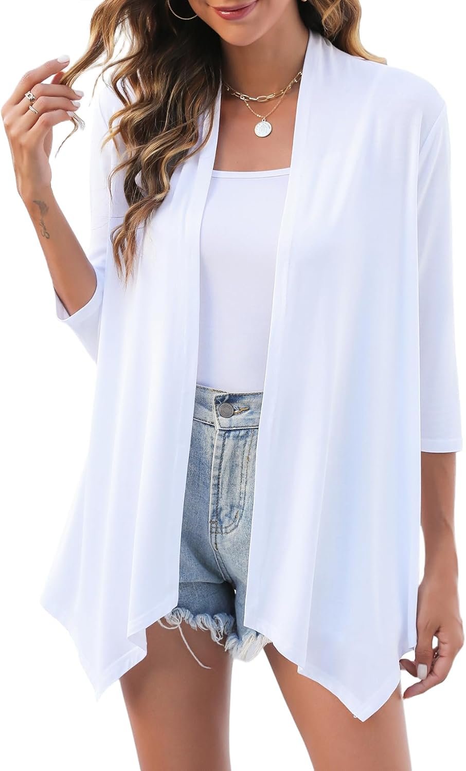 Uvog Women's 3/4 Sleeve Draped Open Front Cardigan Casual Loose Lightweight Cardigans