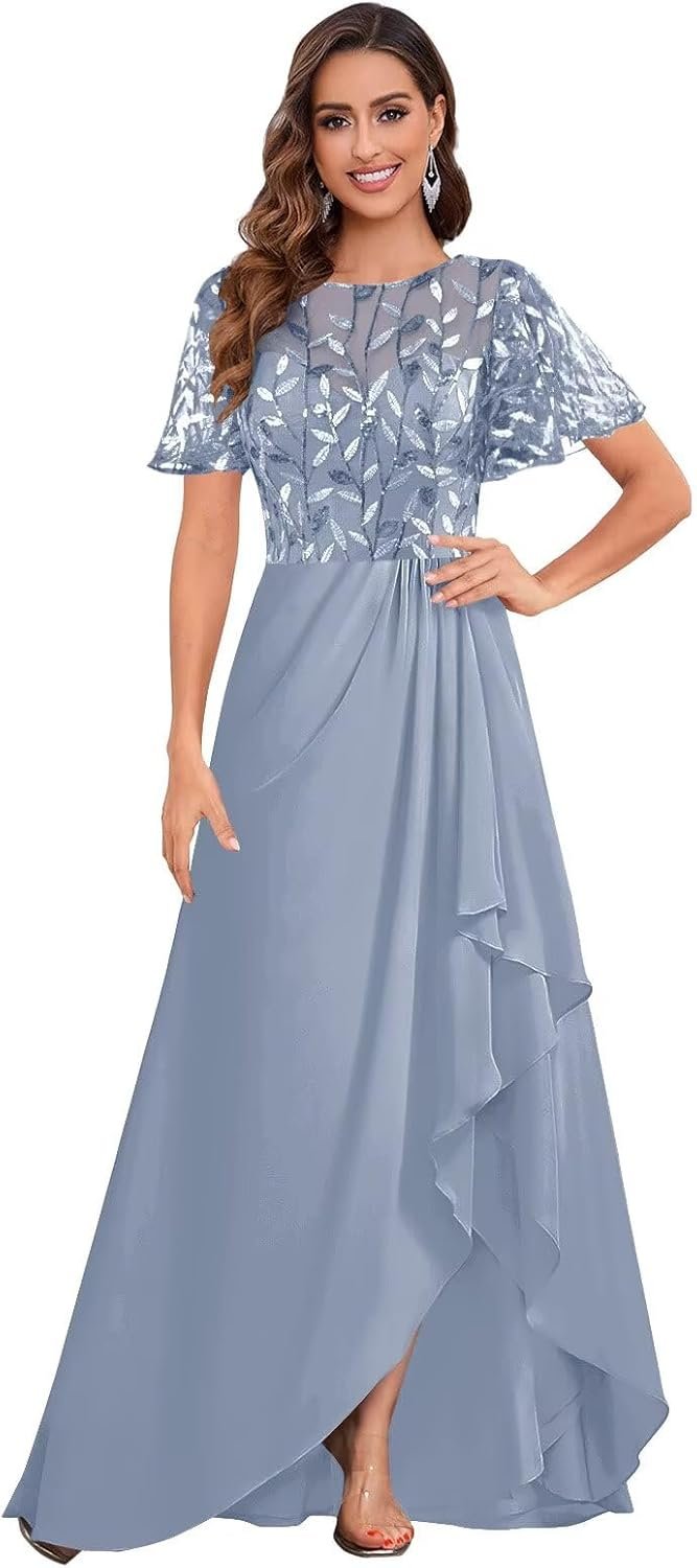 Mother of The Bride Dress for Women Chiffon Short Sleeve Ruffles Sequin Elegant High Low Evening Prom Gown