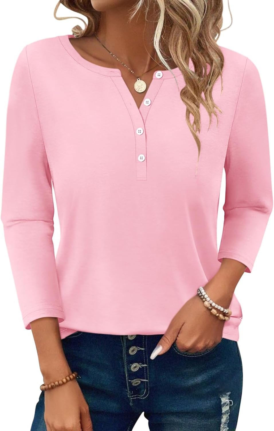 PGANDS Women's 3/4 Length Sleeve T Shirts Button Down Scoop Neck Casual Tops