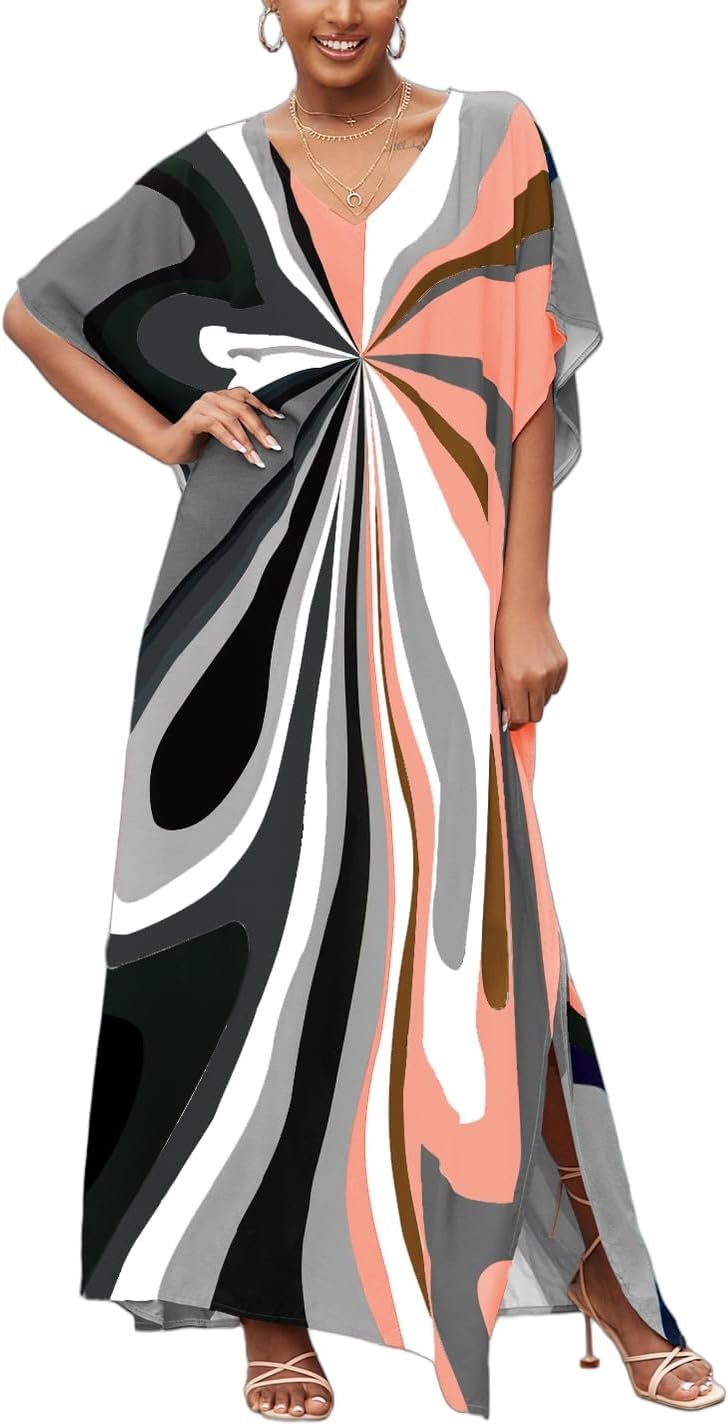 Moroccan Print V-Neck Batwing Kaftan Women's Plus Size Loose Fit Beach Dress Bathing Suit Cover Up Loungewear