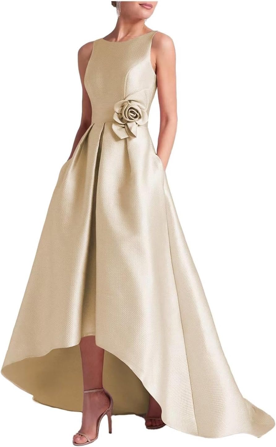 Elegant A Line Champagne Evening Dresses for Women Sleeveless Sexy Backless Satin Round Neck Formal Gowns with Pockets Small Size Tether Long Ruffled Cocktail Party Dress US10