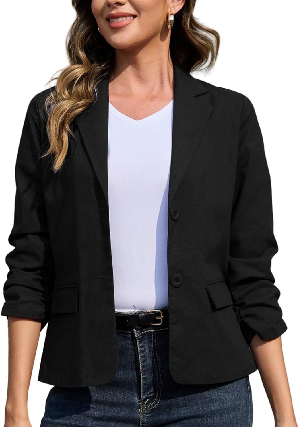 Women's Linen Blazer Jackets 3/4 Ruched Sleeves Lightweight Button Lapel 2025 Casual Slim Spring Summer Suit