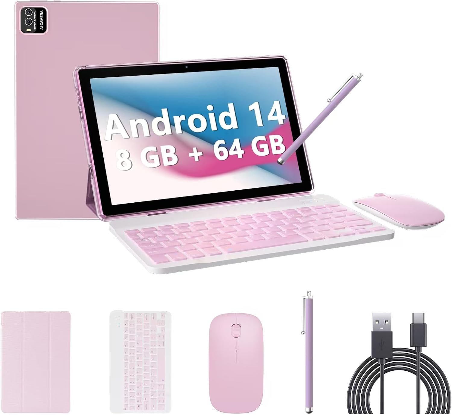 Android 14 Tablet - 10 inch, 8GB RAM+64GB ROM, 2 in 1 with Keyboard Case, Mouse & Stylus, 1.8GHz Quad-core Processor, 1280*800 IPS HD Touch Screen, 8MP Camera, 5G Wi-Fi 6 Tablet PC