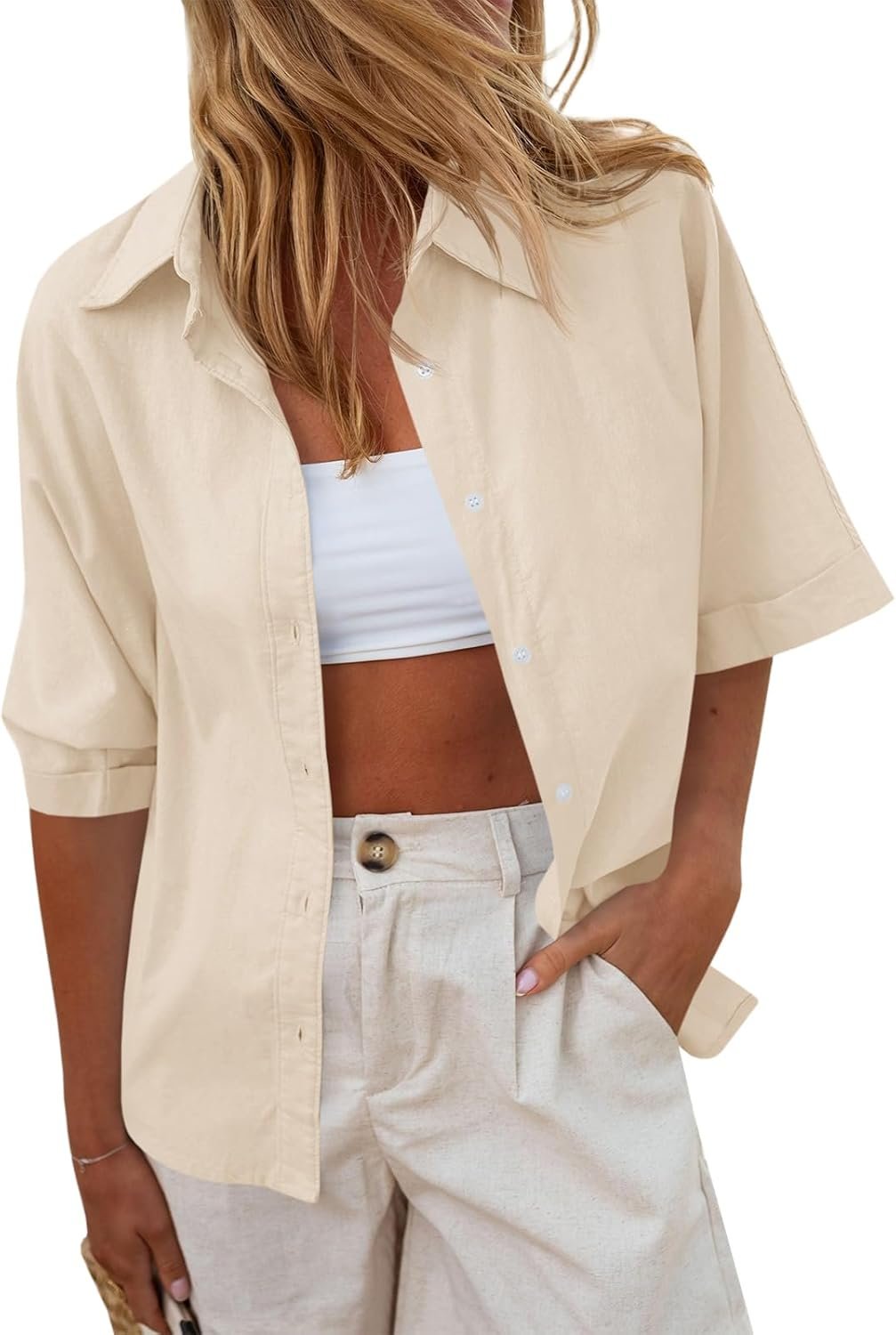 Cicy Bell Womens Button Down Shirts Summer Short Sleeve Collared Dressy Casual Blouses Work Loose Fit Tops