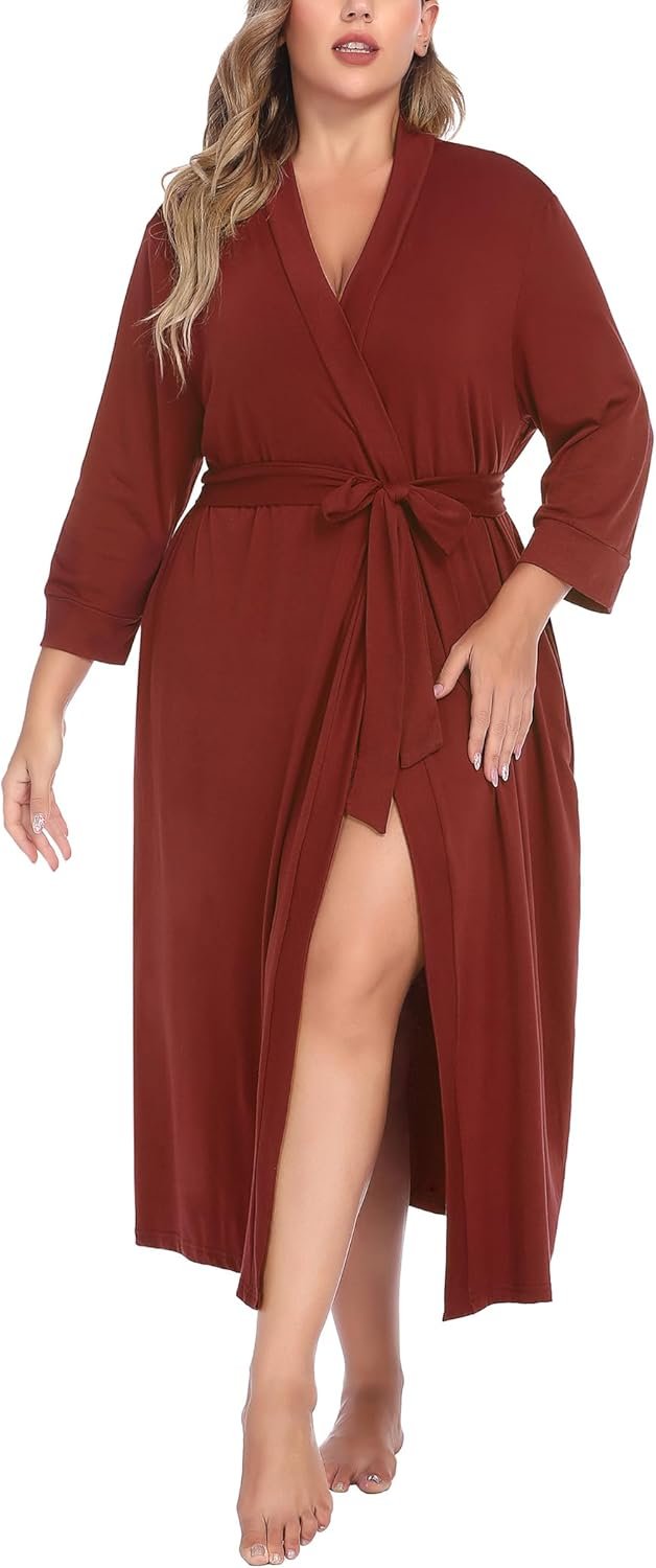 IN'VOLAND Womens Plus Size Kimono Robes Long Knit Bathrobe V Neck Ladies Loungewear Lightweight Soft Sleepwear 1X-5X