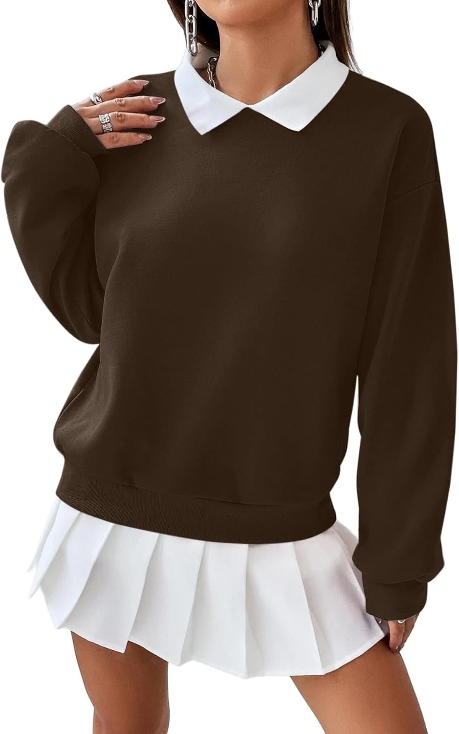 Remidoo Women's Contrast Collar Sweatshirt Casual Oversized Long Sleeve Pullover Brown X-Large