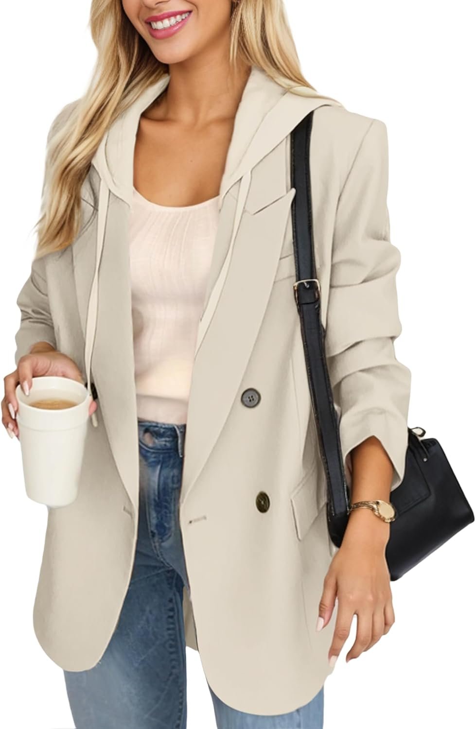 2025 Women's Spring Hooded Blazer Jacket Double-Breasted Oversize Loose Fully-Lined Work Office Suit with Pockets