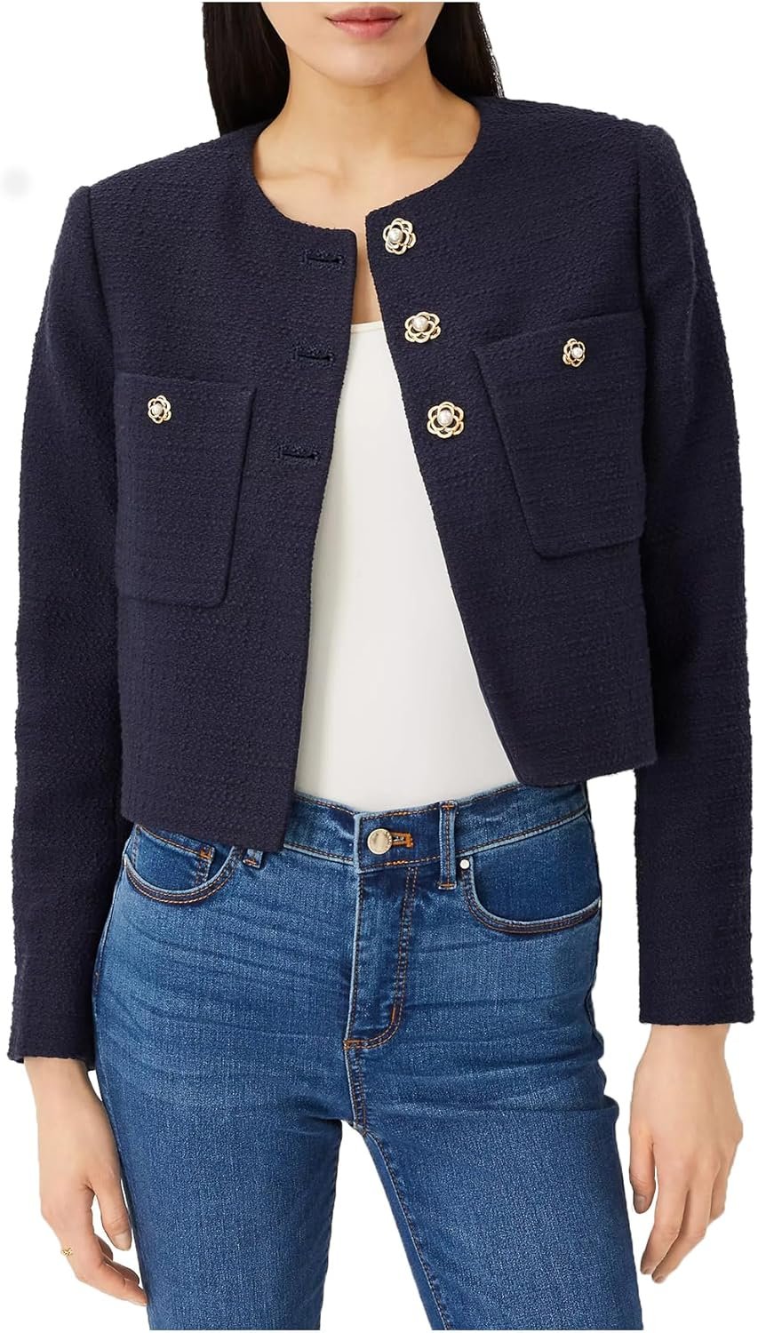 LifeShe Tweed Blazer Jacket for Women Elegant Open Front Cropped Blazers Long Sleeve Office Work Coats