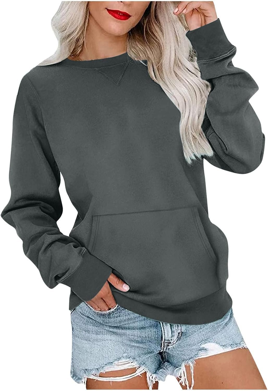 LRMQS Sweatshirt for Women Crewneck Trendy Long Sleeve Shirts with Pocket Fall Fashion 2024 Casual Cute Pullover Clothes