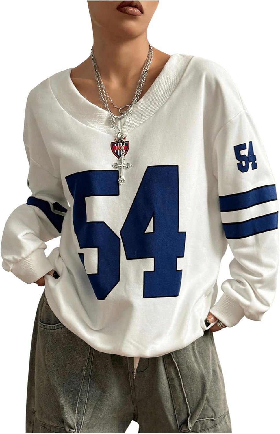 Milumia Women's Jersey Shirts Number Print V Neck Sweatshirt Long Sleeve Oversized Pullovers Tops