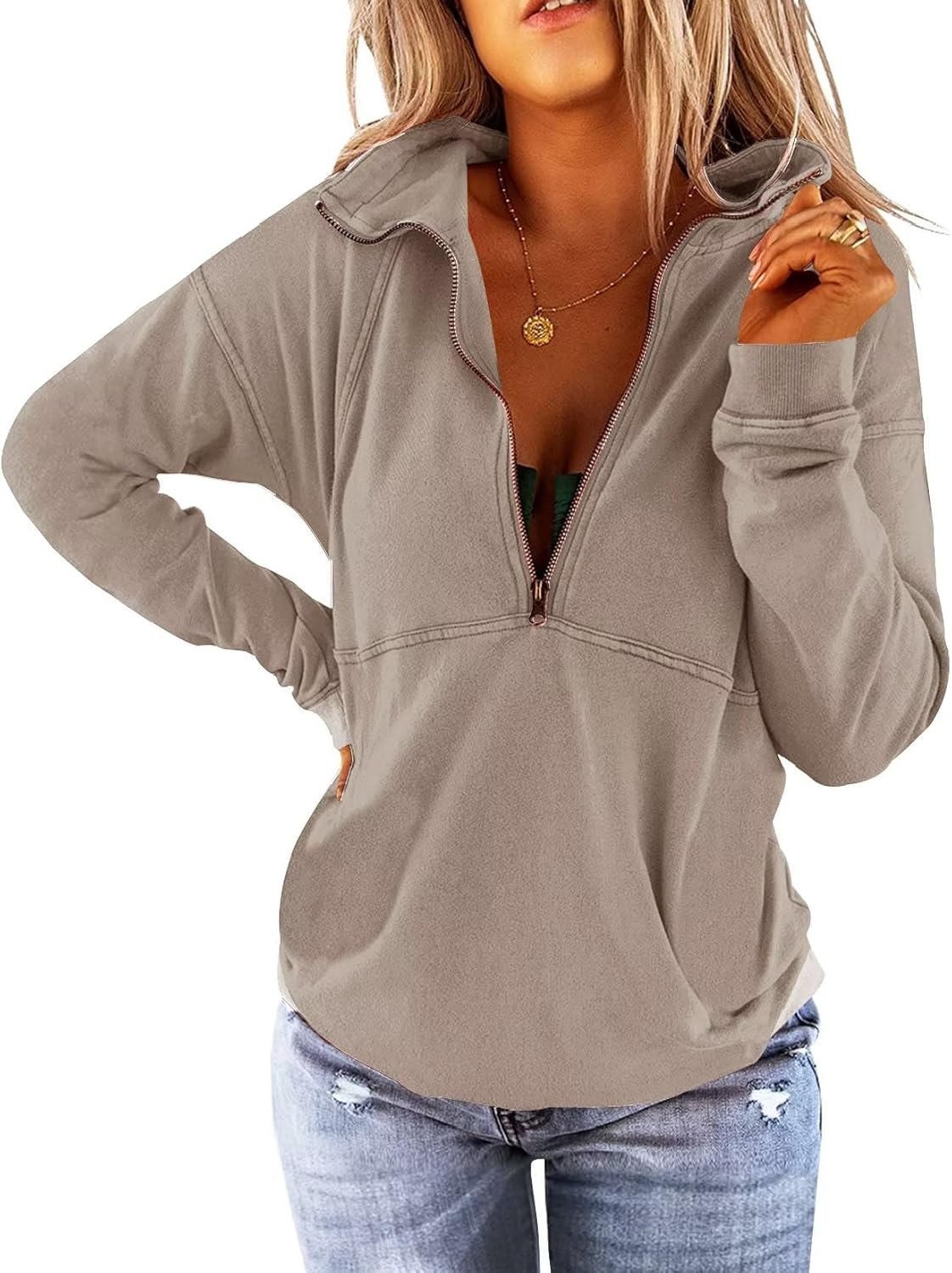 Floral Find Women's Long Sleeve Lapel Half Zip Up Sweatshirt Solid Stylish Loose Fit Casual Pullover Tops