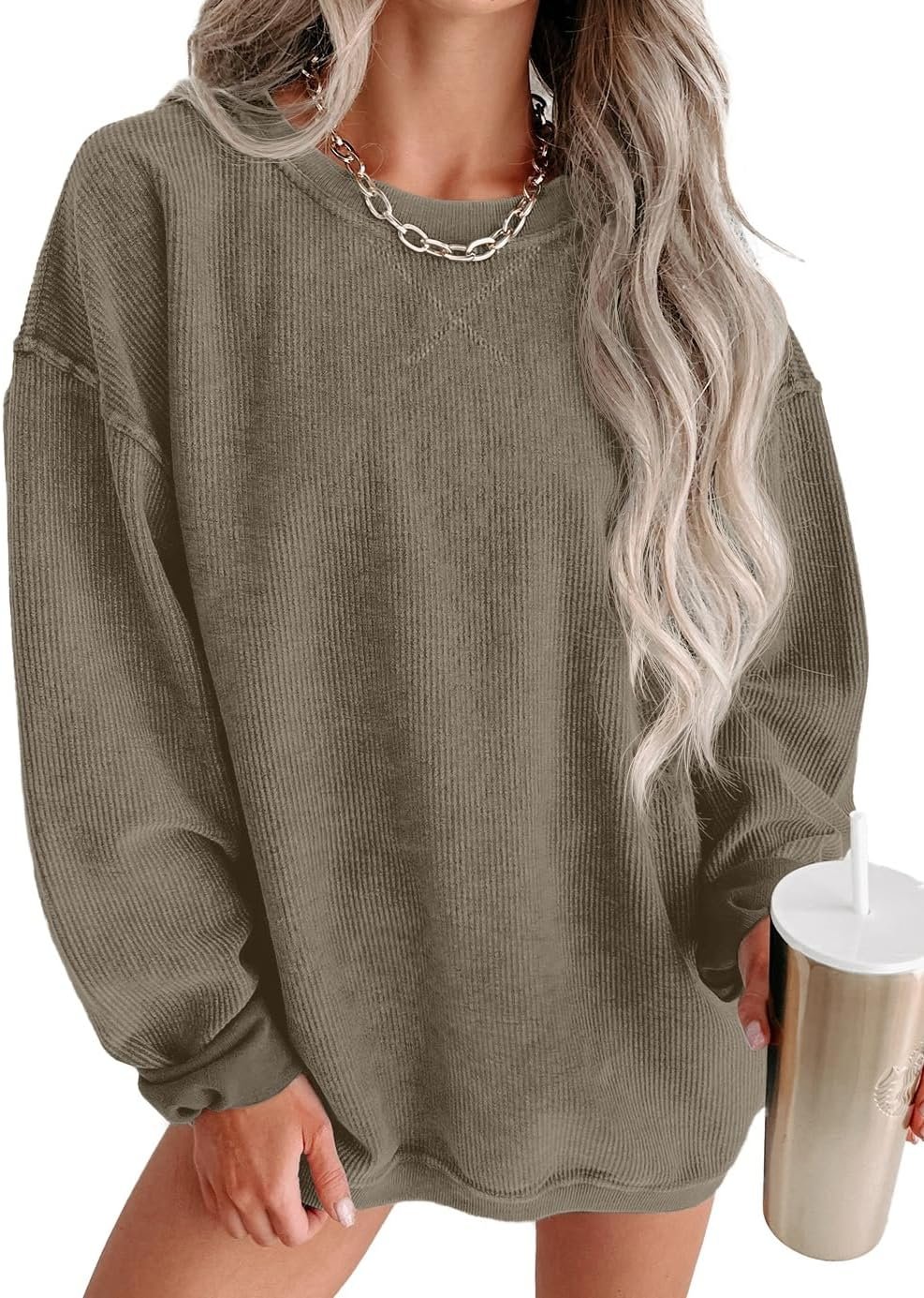 Womens Sweatshirts Casual Cored Corduroy Pullover Tops Oversized Long Sleeve Crewneck Shirts