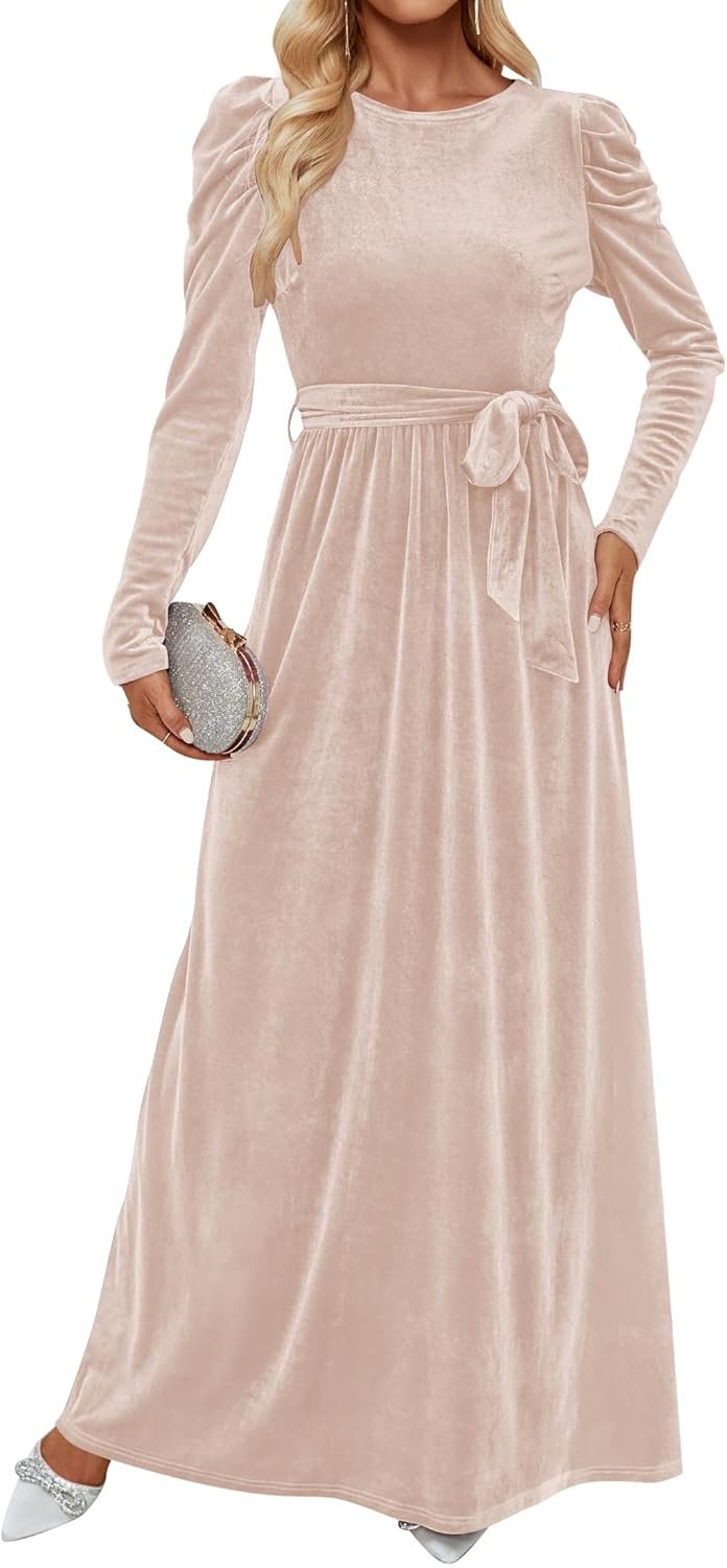 ZESICA Women's Velvet Maxi Dress Long Puff Sleeve Crew Neck Elastic High Waist Cocktail Party Bridesmaid Dresses