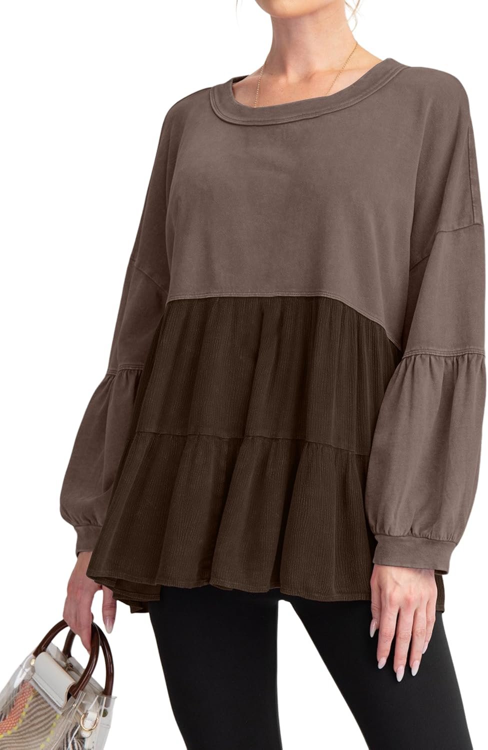 MISSACTIVER Women Peplum Ruffled Hem Patchwork Sweatshirt Babydoll Lantern Sleeve Crewneck Pullover Contrast Flowy Tunic Tops