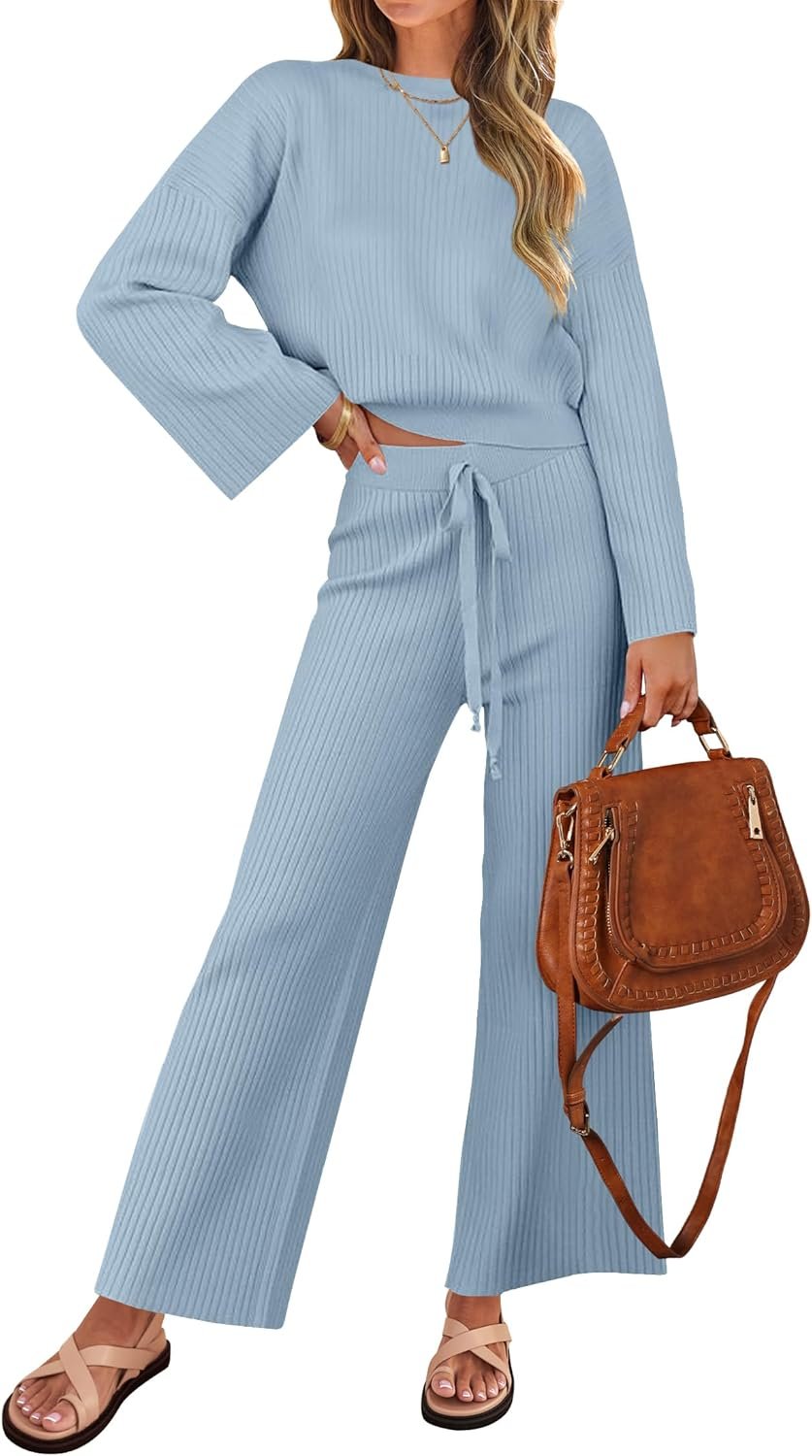 ZESICA Women's 2 Piece Outfits Set Casual Long Sleeve Knit Pullover Top and Wide Leg Pants Sweatsuit Lounge Sets