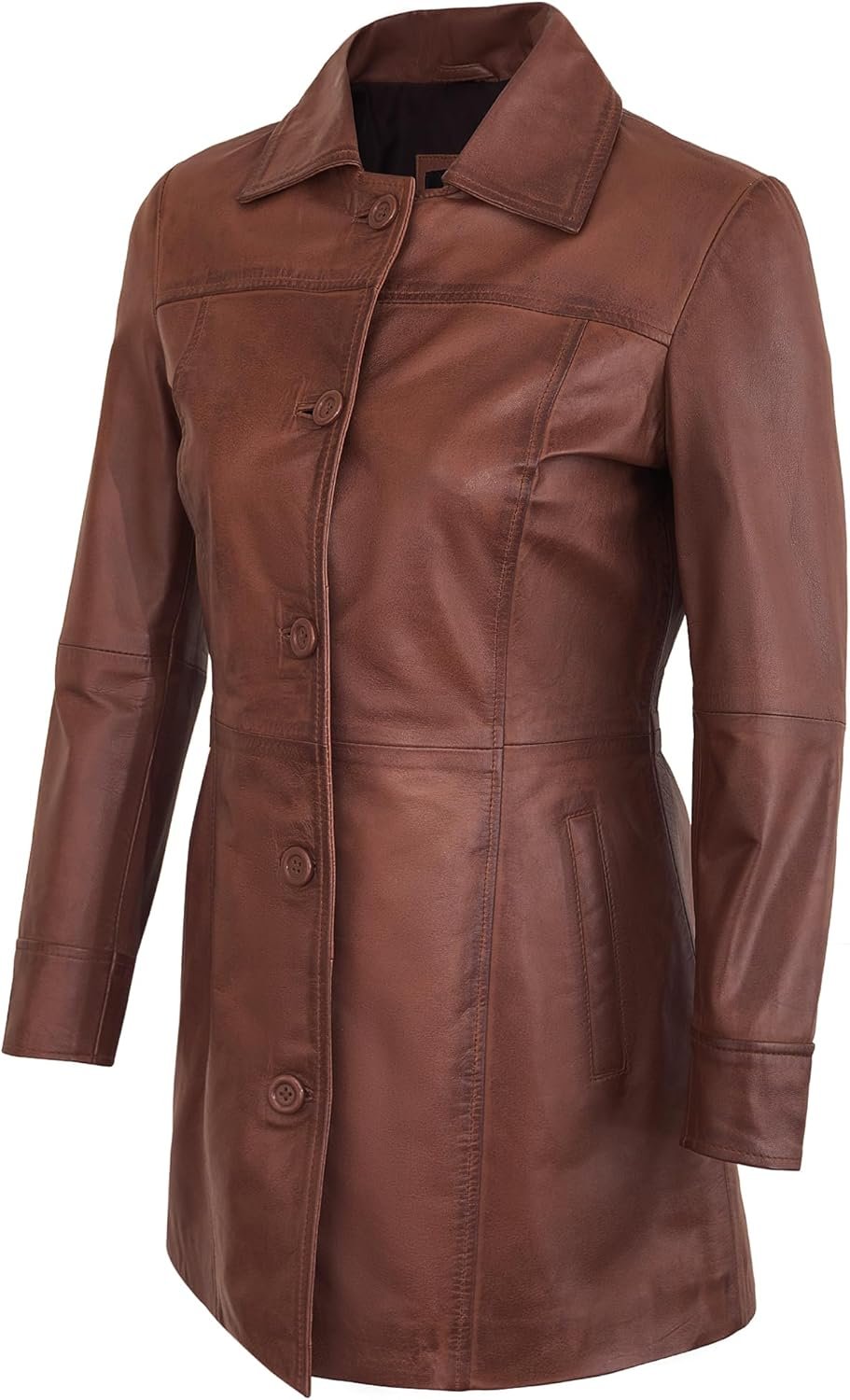Outerwear Real Lambskin Car Coats For Women - Classic Button Down Vintage Style Long Leather Jacket Womens