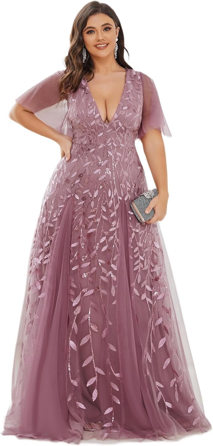 Ever-Pretty Womens Plus Size V-Neck Sequin Emboridery Formal Evening Dresses with Sleeves 00736-DA