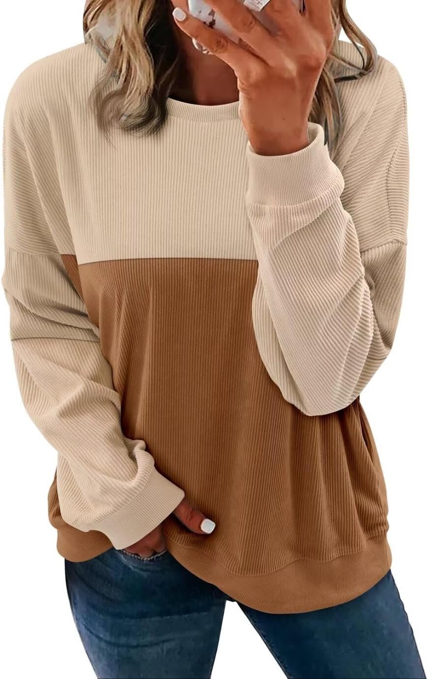KISSMODA Women's Casual Long Sleeve Sweatshirt Color Block/Solid Crewneck Corduroy Pullover Cute Tops
