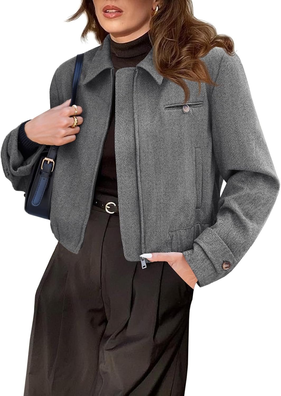 Cicy Bell Womens Cropped Tweed Blazer Fall Casual Dressy Zip Up Work Office Jacket Outerwear